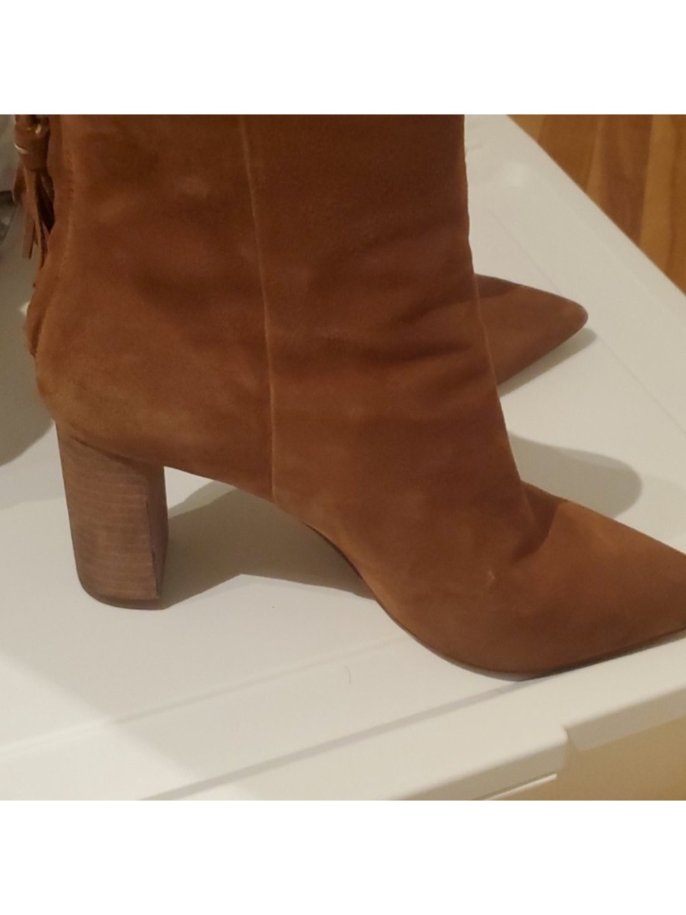Banana Republic Camel Suede Ankle Boots 8.5 Tassel Block Heel - Picture 5 of 6
